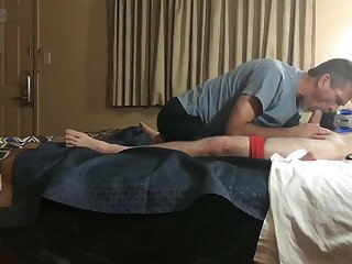 Nasty dad hosting in a dirty motel sucks a nervous young guy and swallows his load