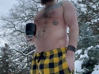 Gorgeous hairy viking stretches while outside in winter