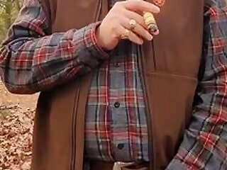 Married country dad taking a leak out in the woods.