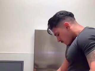Hunky Latino Fucks muscular black guy in public toilet